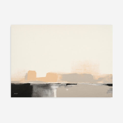 Abstract cityscape in muted gold and gray tones with water reflection.