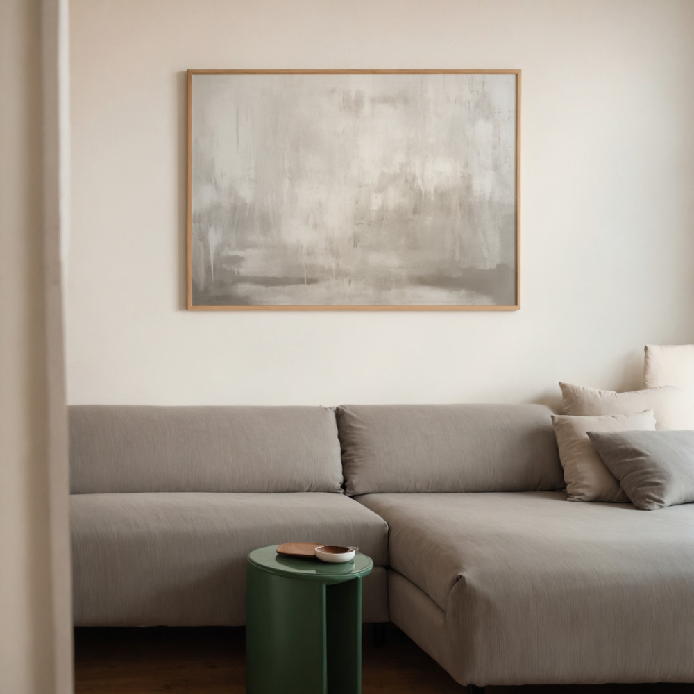 Minimalist abstract fog artwork above gray sectional sofa with emerald accent table.