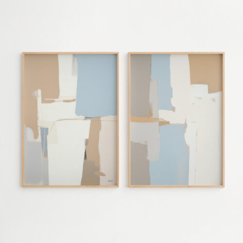 Minimalist abstract diptych with soft geometric shapes in blue, cream, and beige tones.