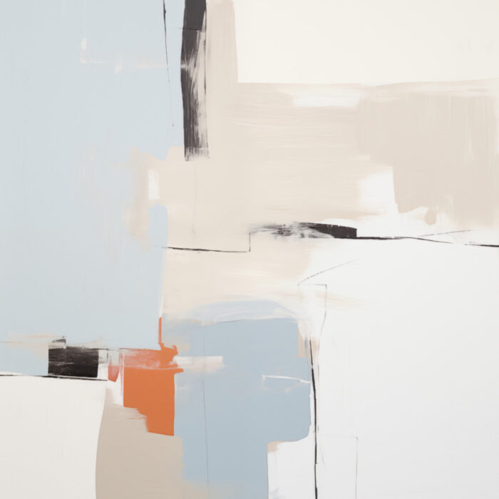 Minimalist abstract artwork featuring geometric shapes in terracotta, gray, and white tones.