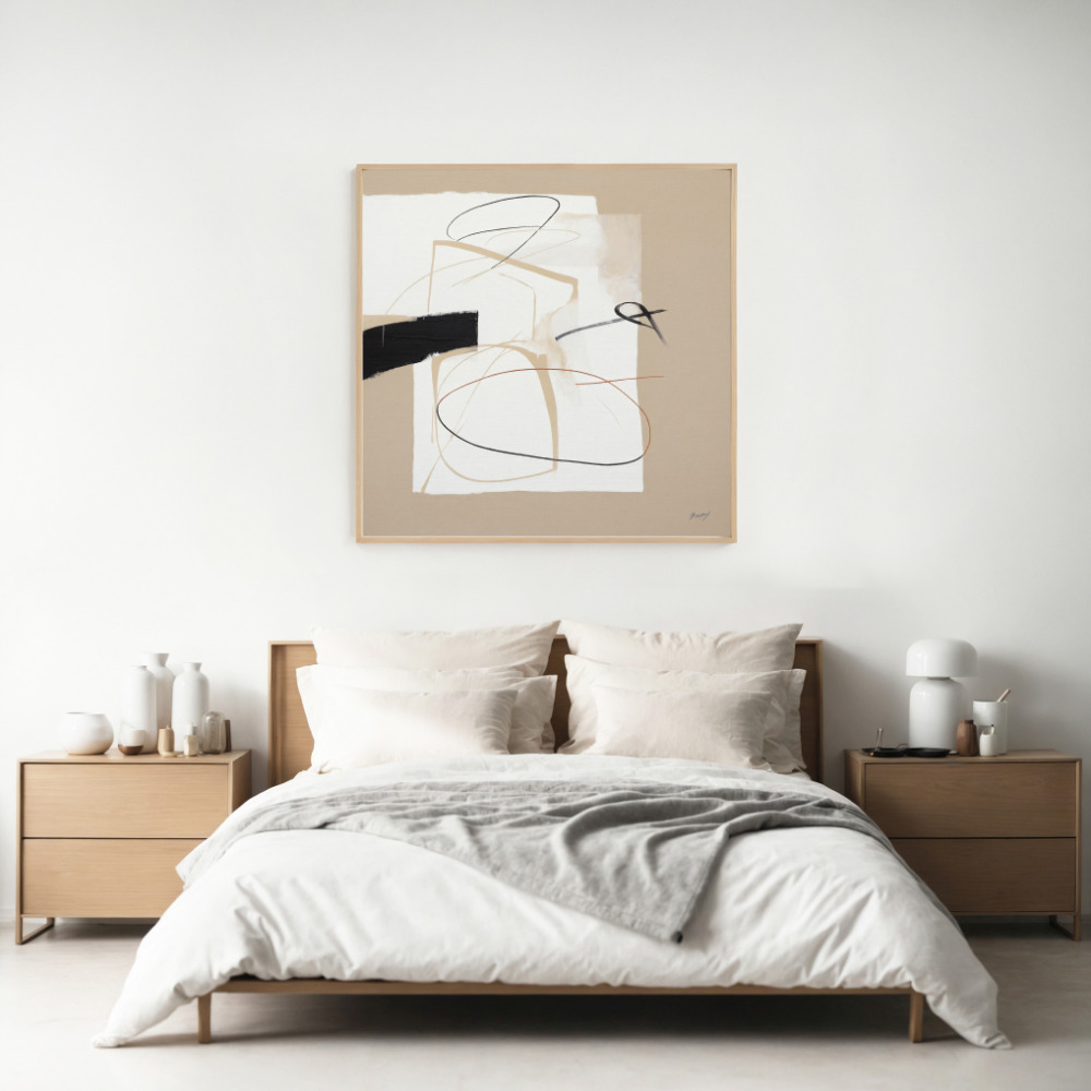 Elegant abstract wall art with gold and black lines above minimalist wooden bed.