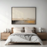 Abstract landscape painting above modern bed with neutral bedding and wooden nightstands.