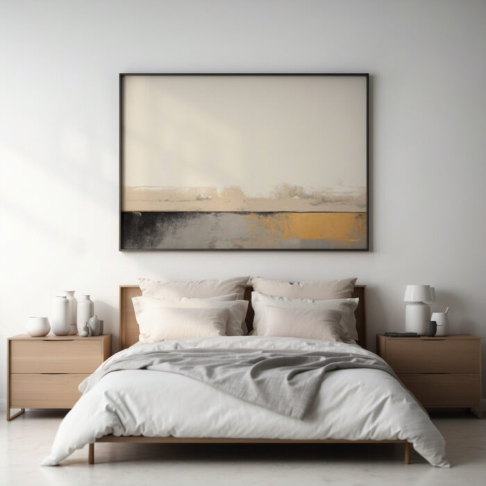 Abstract landscape painting above modern bed with neutral bedding and wooden nightstands.