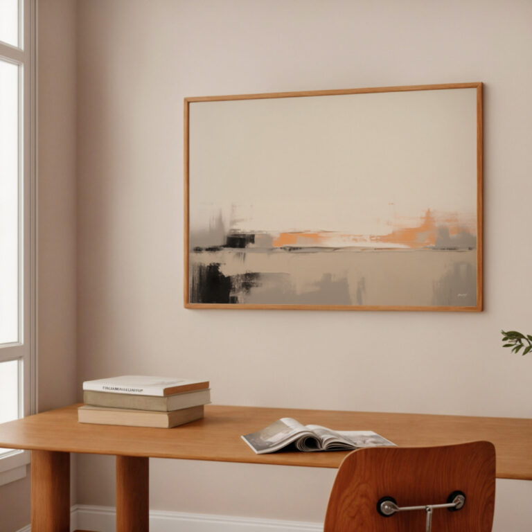 Abstract landscape painting in warm orange and neutral tones on cream wall.