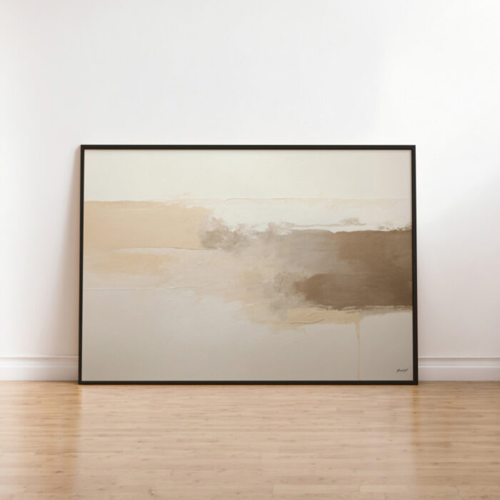 Minimalist abstract landscape print in earthy neutral tones, leaning against white wall.