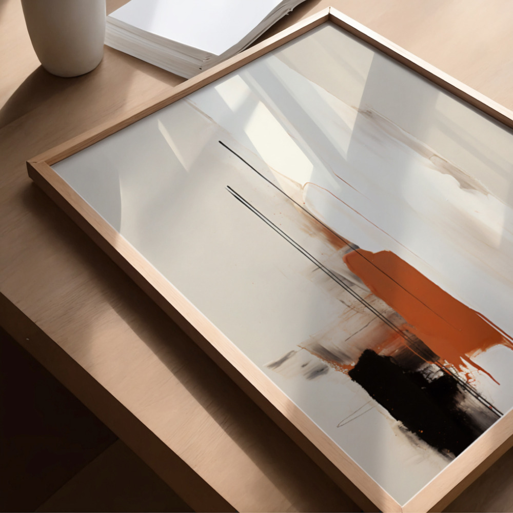 Elegant abstract brushwork in rose gold frame with burnt orange and black accents.