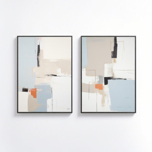 Elegant abstract diptych with geometric shapes in blue, cream and orange tones.