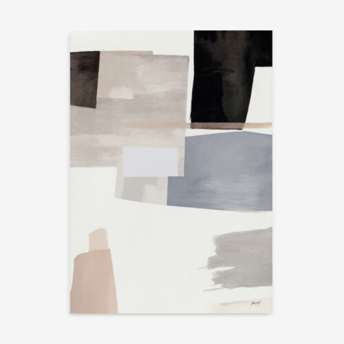 Abstract minimalist composition with geometric shapes in muted grays, beige and soft blue.