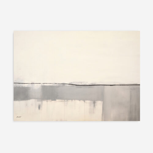 Abstract minimalist painting with cream horizon over soft gray bands creating ethereal landscape.