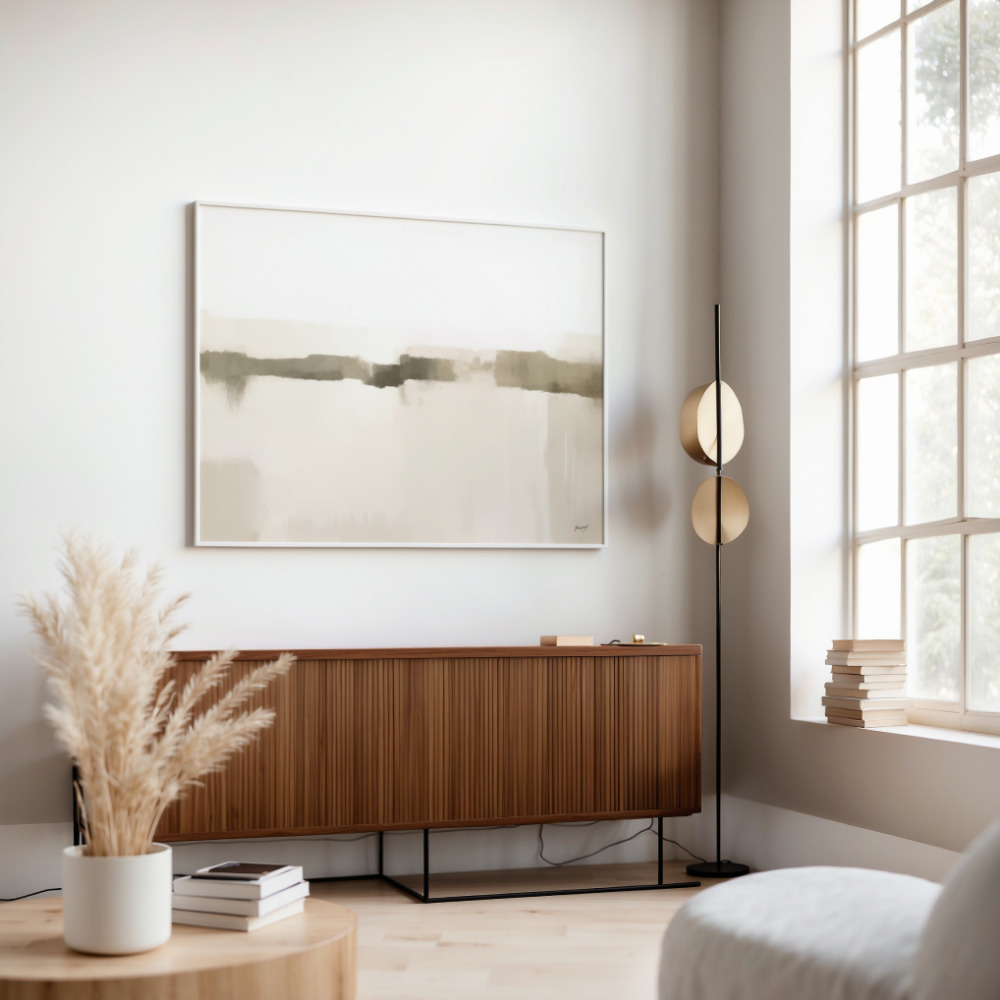 Large abstract canvas art in neutral tones above wooden credenza in modern living room.