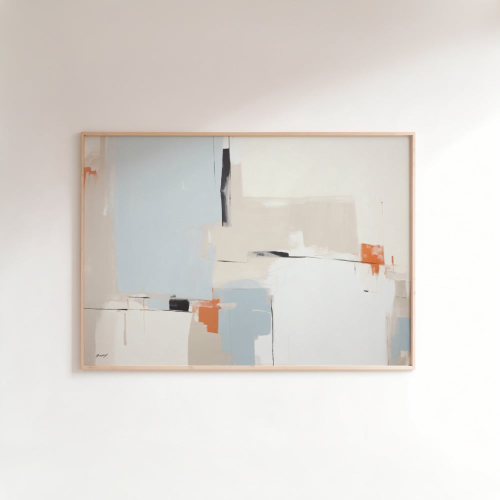Minimalist abstract artwork with soft blue, white and peach geometric shapes in wooden frame