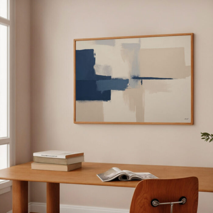 Abstract navy and beige wall art above wooden desk with books in minimalist space.