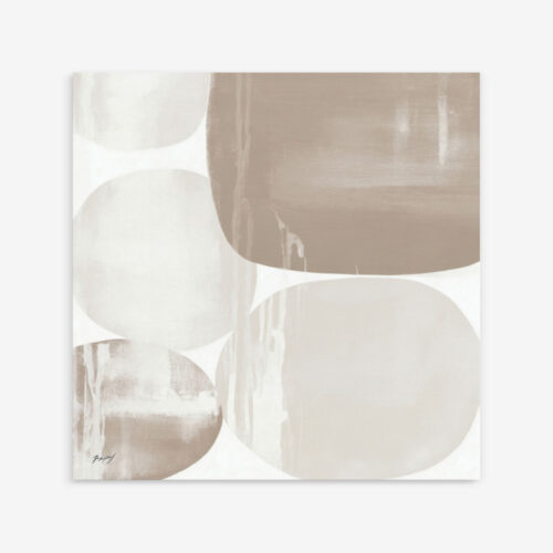 Abstract overlapping circular forms in soft beige and taupe tones on white background.