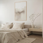 Serene abstract landscape art above minimal bed with neutral tones and dried botanicals.
