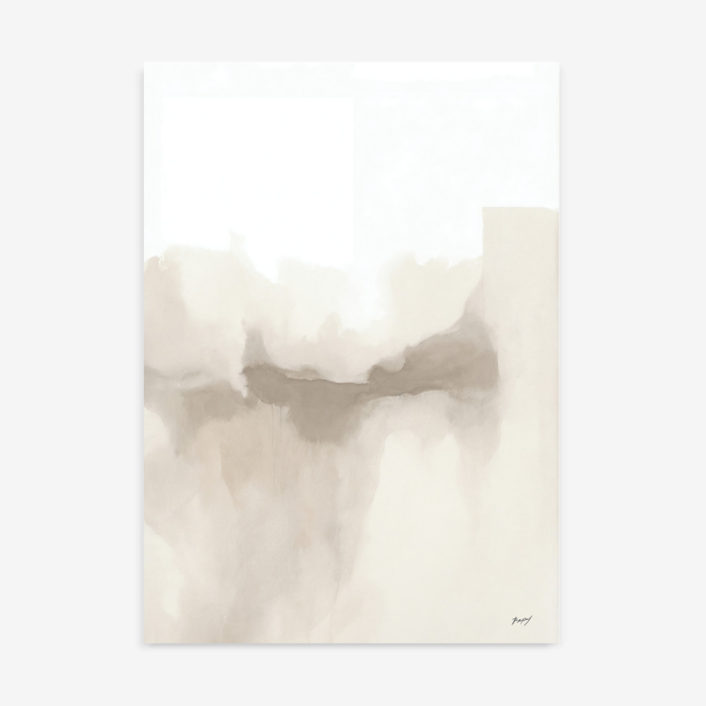 Soft neutral watercolor abstract with gentle horizontal bands resembling misty landscape.