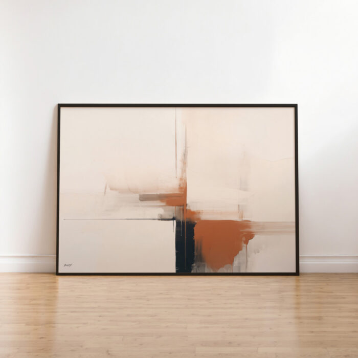 Abstract art in terracotta and navy tones against white wall on wooden floor.