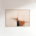 Abstract minimalist canvas artwork with terracotta and navy brushstrokes on cream background.