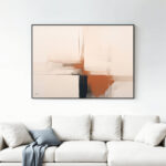 Abstract terracotta and navy wall art above white sofa in contemporary living room.