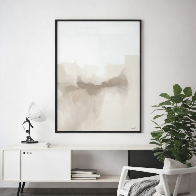 Serene neutral abstract canvas art above white console with green plant