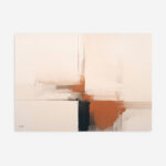 Abstract geometric artwork featuring rust orange and navy shapes on cream background.