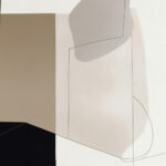 Minimalist geometric abstract with beige, black and white shapes and delicate line drawings.