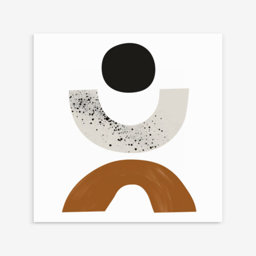Minimalist composition with black circle above speckled beige and warm terracotta shapes.