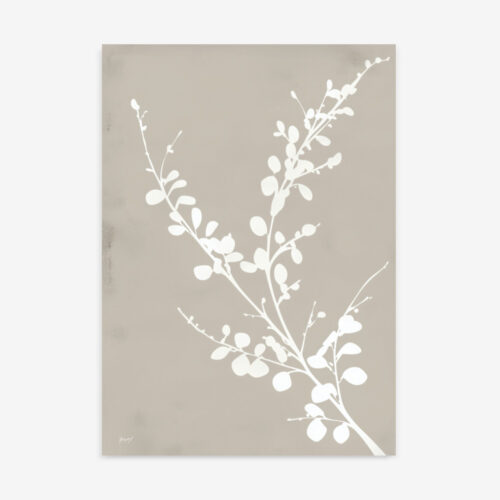 White botanical branch silhouette on taupe background, minimalist nature wall art