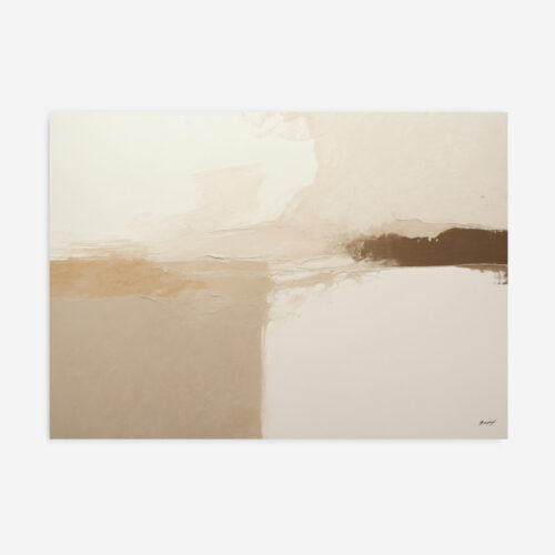 Abstract painting in neutral beige tones with soft geometric divisions and subtle textures.