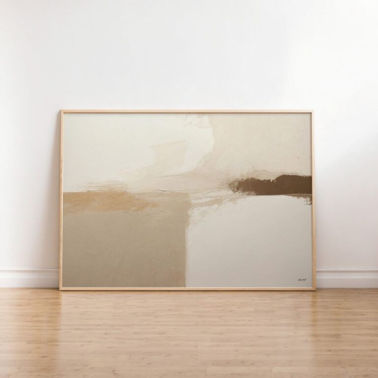 Modern abstract painting in beige and brown tones leaning against white wall.