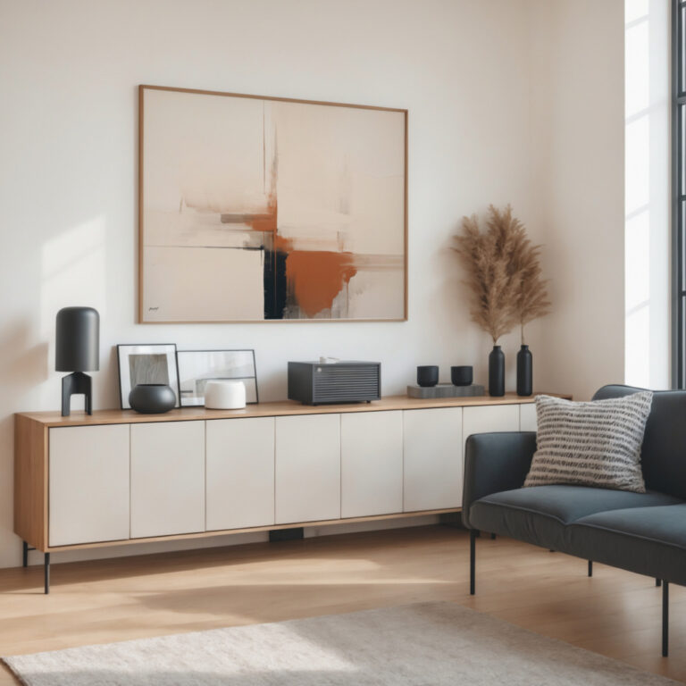 Minimalist living room with earth-tone abstract art above white credenza