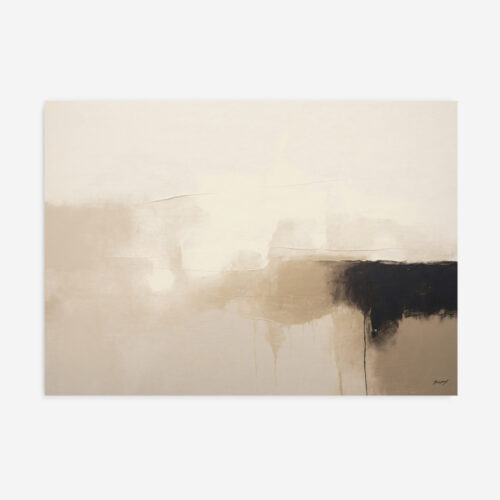 Abstract landscape painting with soft neutral tones and bold black accent.