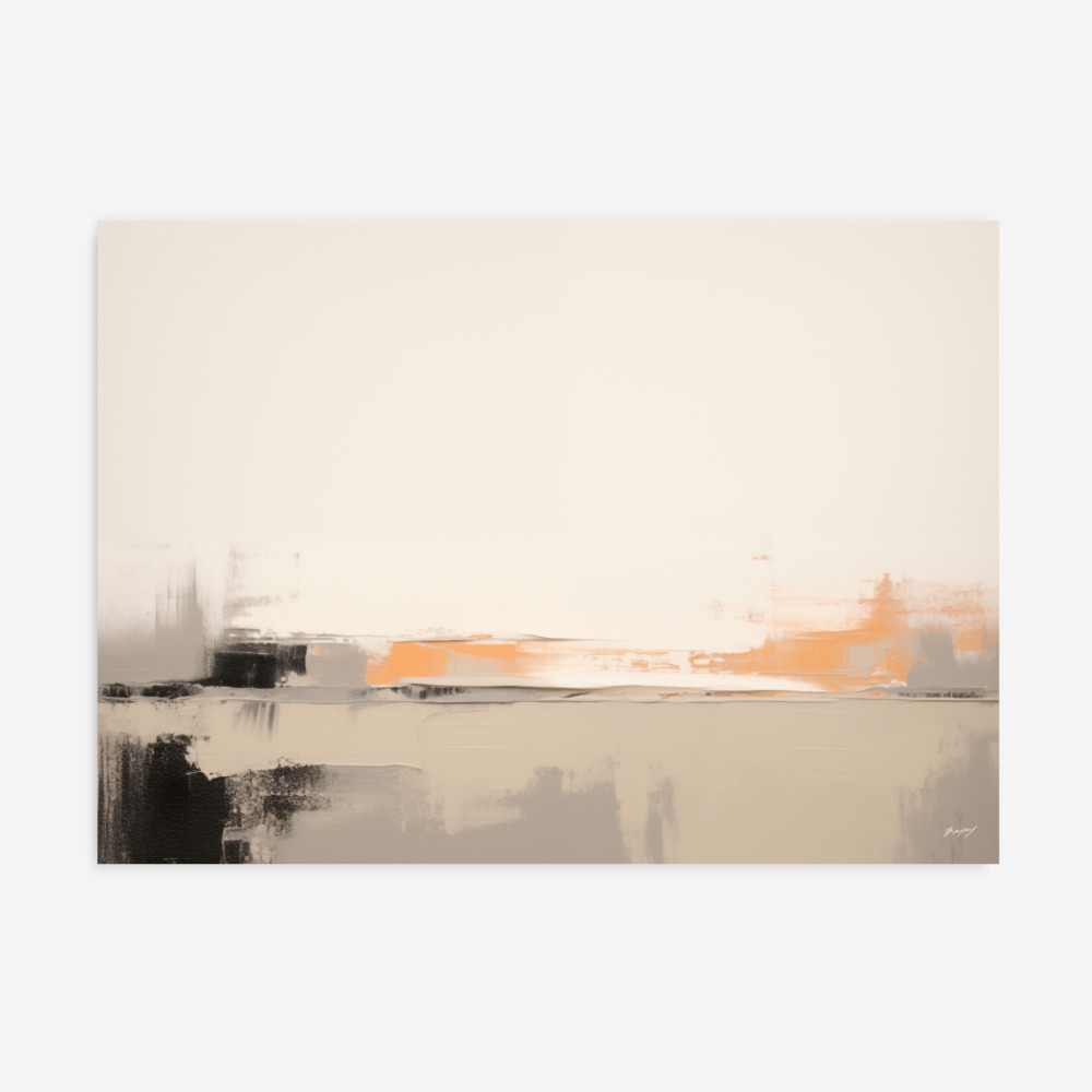 Abstract landscape with peachy horizon over cream canvas and dark charcoal accents.