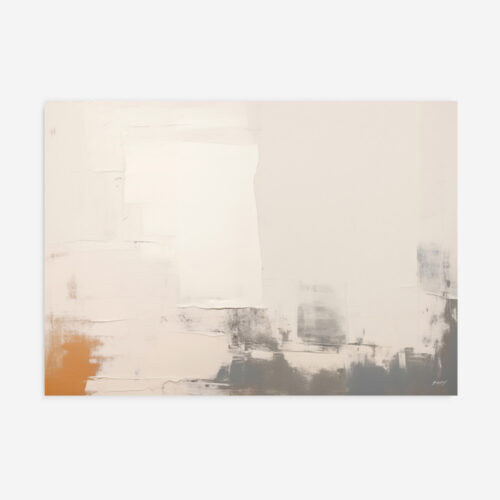 Misty abstract landscape with orange accent against neutral cream and gray background.