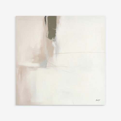 Minimalist abstract painting with soft pink and gray tones on cream background