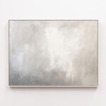 Minimalist abstract painting with soft gray and white tones in a simple frame.