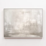 Ethereal abstract painting in soft whites and beiges with minimalist framing on white wall.