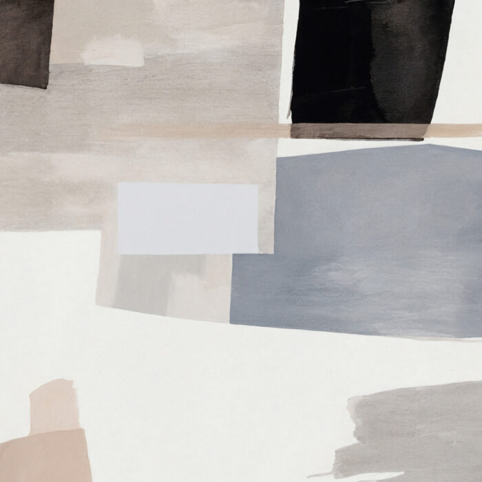 Minimalist abstract artwork with geometric shapes in soft neutral grays and whites.