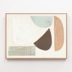 Abstract geometric artwork with earthy tones and curved shapes in minimal wooden frame.