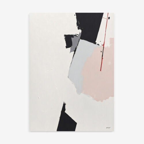 Abstract geometric composition featuring black, gray and pink shapes on cream background.