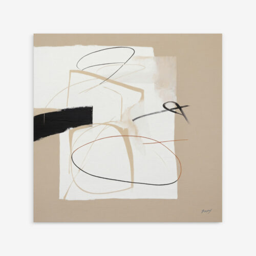 Black and gold curved lines on white rectangular canvas with beige background.