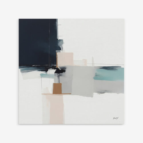 Minimalist abstract painting with navy square against neutral tones and aqua accents