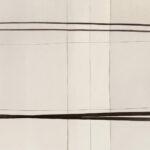 Minimalist abstract composition with dark horizontal bands on cream background.