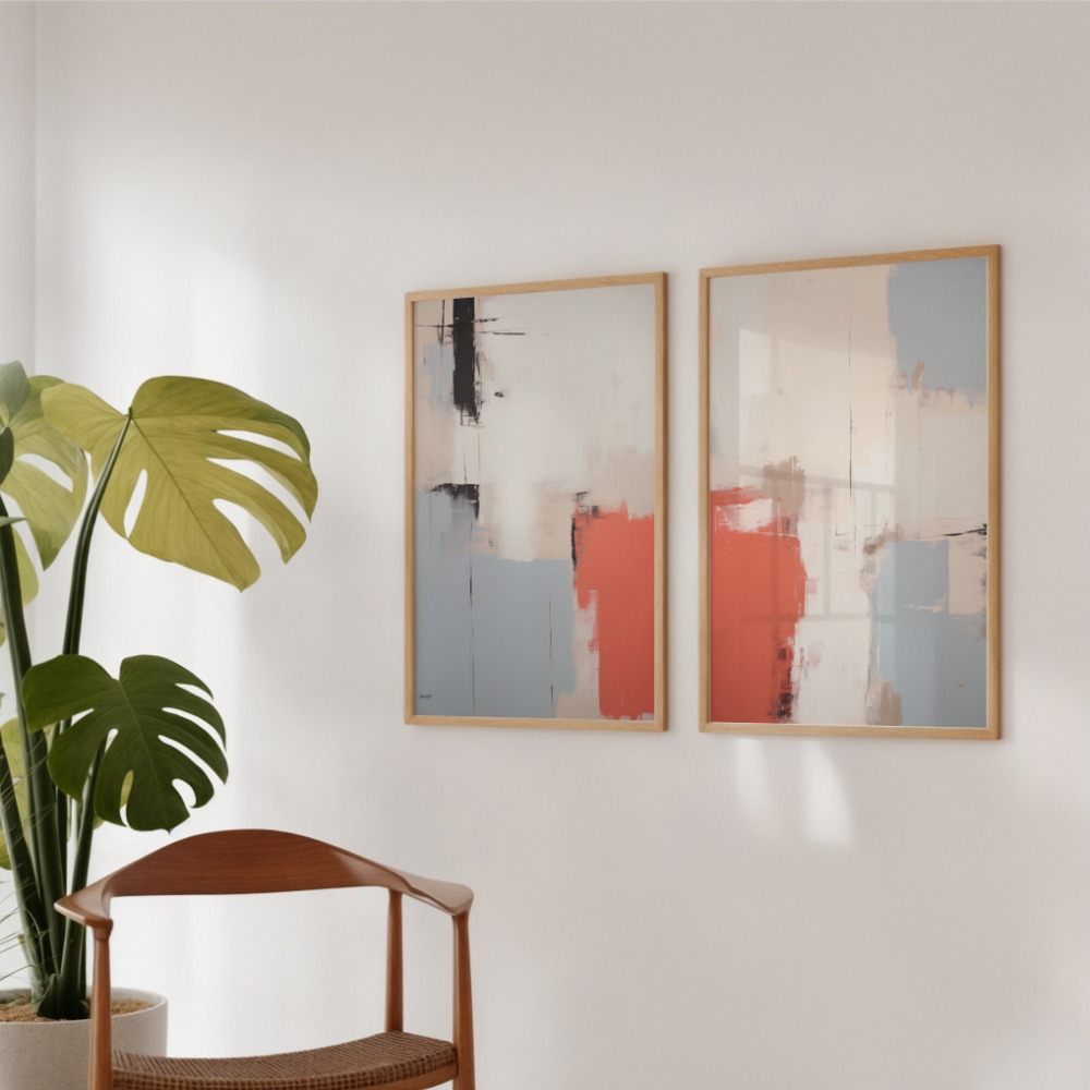 Abstract blue and coral textured oil painting set, perfect for modern living room decor.