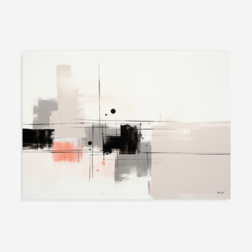 Minimalist abstract with geometric shapes in black, gray and coral on off-white background.