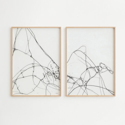 Minimalist black and white abstract line art diptych in wood frames for modern wall decor