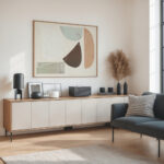 Abstract geometric wall art over modern sideboard with decorative objects and pampas grass.