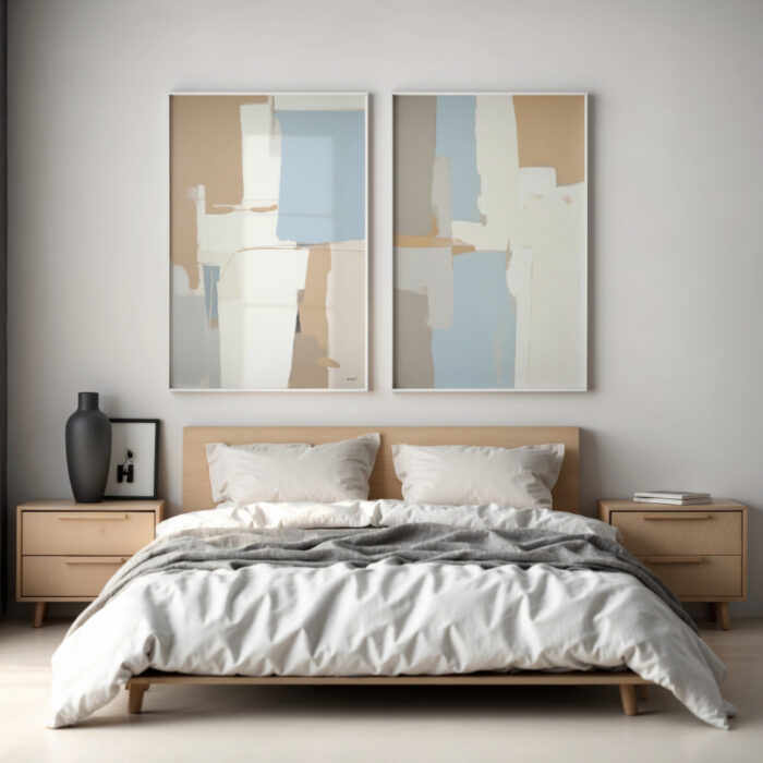 Serene modern bedroom with minimalist wooden bed and blue-beige abstract wall art.