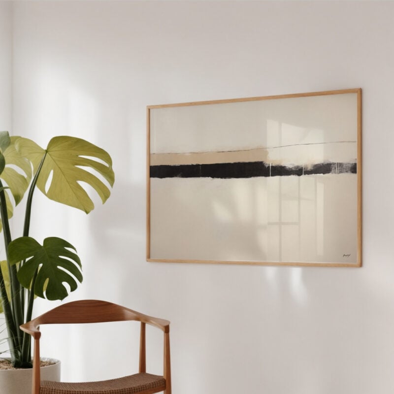 Minimalist black brushstroke art with monstera plant in contemporary living space