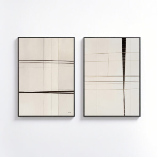 Minimalist line art prints in neutral tones, framed in black on white wall.
