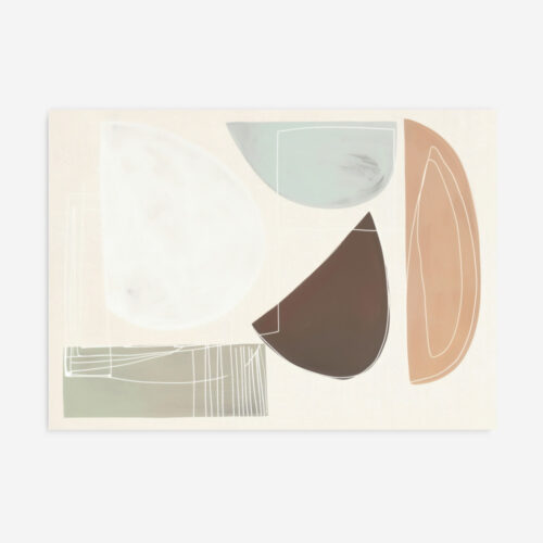 Abstract minimalist artwork with floating geometric shapes in earthy tones and soft blues.